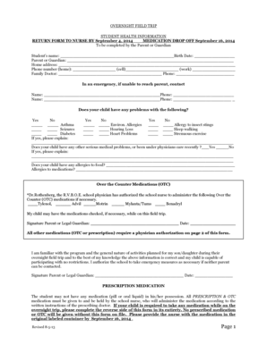 Overnight Field Trip Student Health Information Form