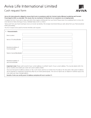 Aviva Life International Cash Request Form