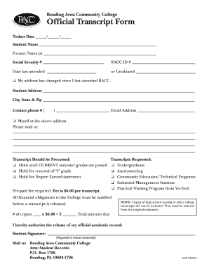 Reading Area Community College Official Transcript Form