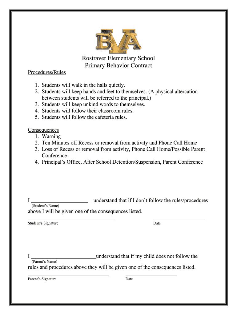 Rostraver Elementary School Primary Behavior Contract Preview on Page 1