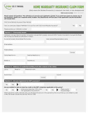 CGU Home Warranty Insurance Claim Form