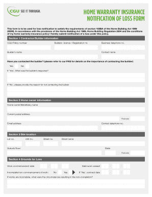 Home Warranty Insurance Notification of Loss Form