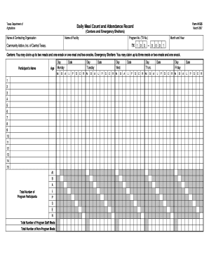 Texas Agriculture Daily Meal Count and Attendance Record