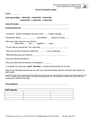 Head Start Infant Feeding Form