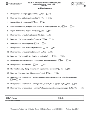 Head Start Nutrition Assessment Form