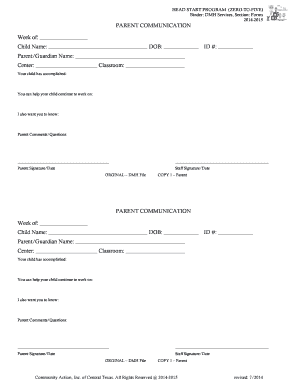 Head Start Parent Communication Form