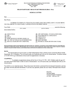 Head Start Medical Enrollment Letter