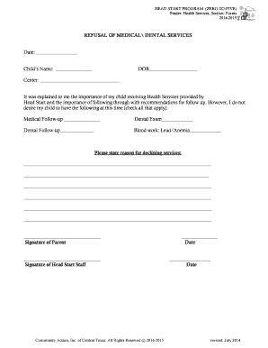 Head Start Medical Service Refusal Form
