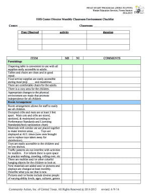 Head Start Program Classroom Environment Checklist