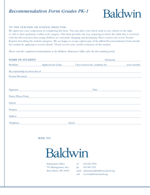 Teacher Recommendation Form Grades PK–1