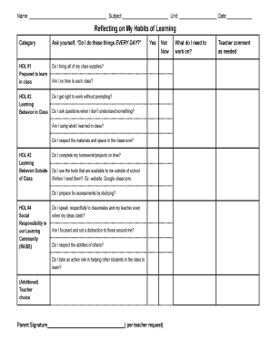 Student Learning Habits Reflection Form
