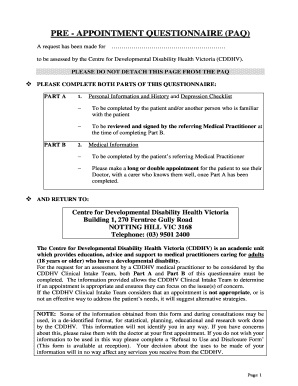 Pre-Appointment Questionnaire for Developmental Disability Health