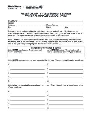 4-H Club Member and Leader Tenure Certificate and Seal Form