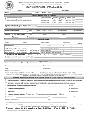 New York Health Certificate Appraisal Form