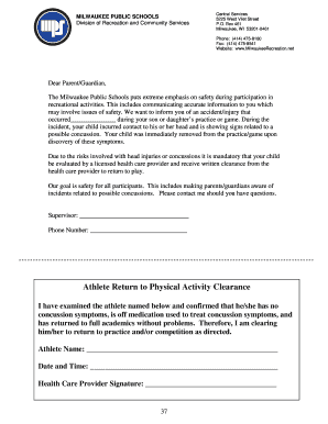Milwaukee Public Schools Concussion Clearance Form
