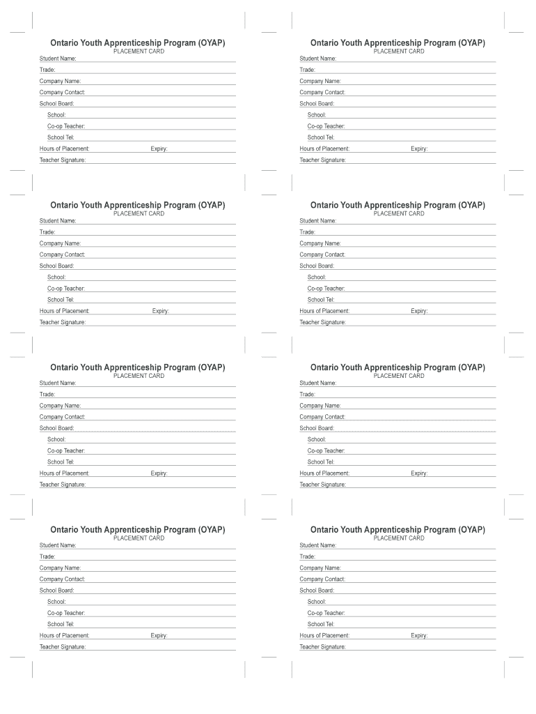 Ontario Youth Apprenticeship Program OYAP PLACEMENT CARD Preview on Page 1