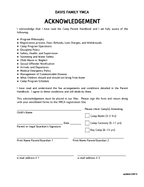 YMCA Camp Parent Acknowledgement Form