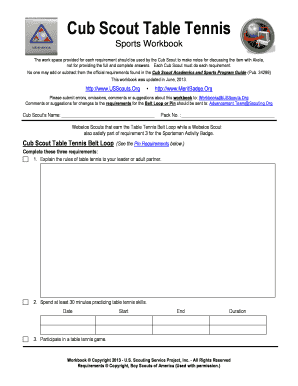 Cub Scout Table Tennis Workbook