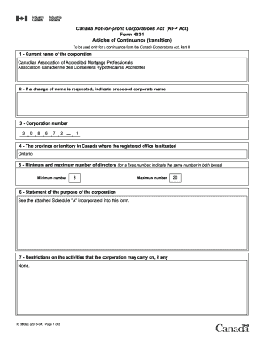 Canada Not-for-Profit Articles of Continuance Form 4031