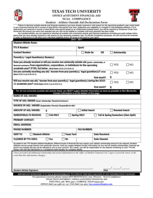 Texas Tech NCAA Student-Athlete Outside Aid Declaration Form
