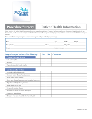 Procedure Surgery Patient Health Information Form