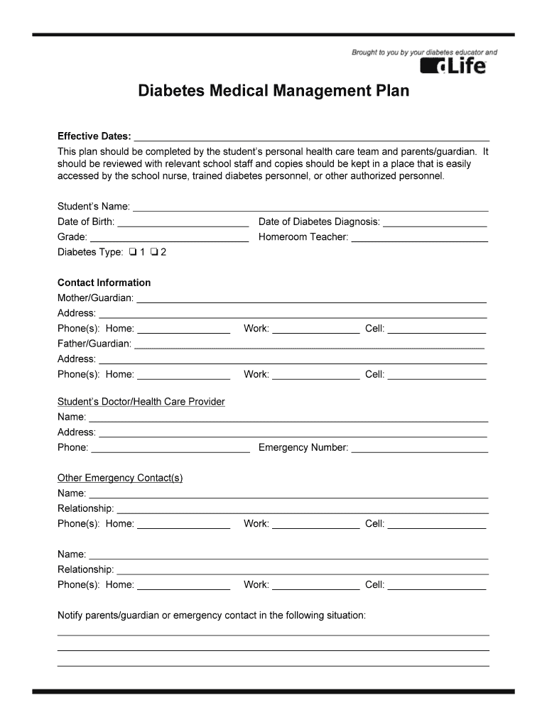 Fillable Online Diabetes Medical Management Plan Fax Email