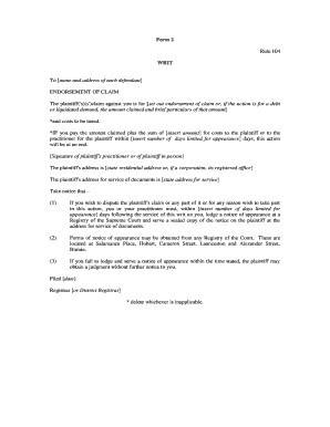 Tasmania Endorsement of Claim Form