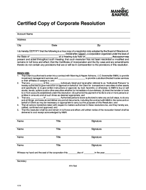 Certified Copy of Corporate Resolution