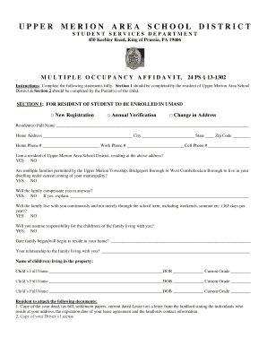Upper Merion Area School District Multiple Occupancy Affidavit