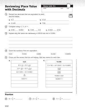 Decimal expanded form worksheet - Reviewing Place Value Home Link 3-1 with Decimals NAME