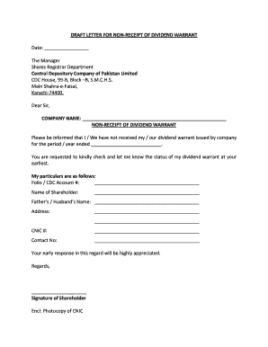 Draft Letter for Non-Receipt of Dividend Warrant