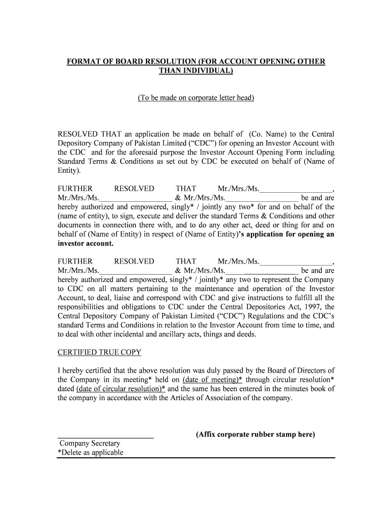 board resolution account opening Preview on Page 1