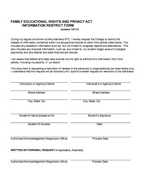 Family Educational Rights Privacy Act Information Restriction Form