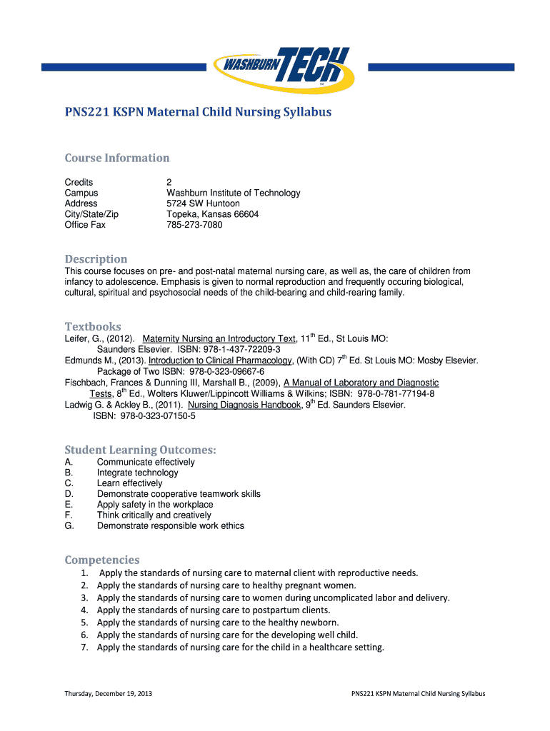 Fillable Online washburntech PNS221 KSPN Maternal Child Nursing Syllabus washburntech Fax
