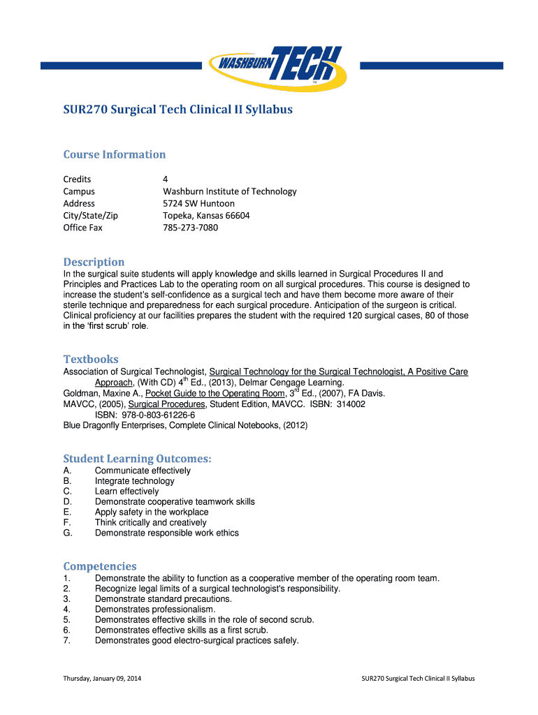 Fillable Online washburntech SUR270 Surgical Tech Clinical II Syllabus