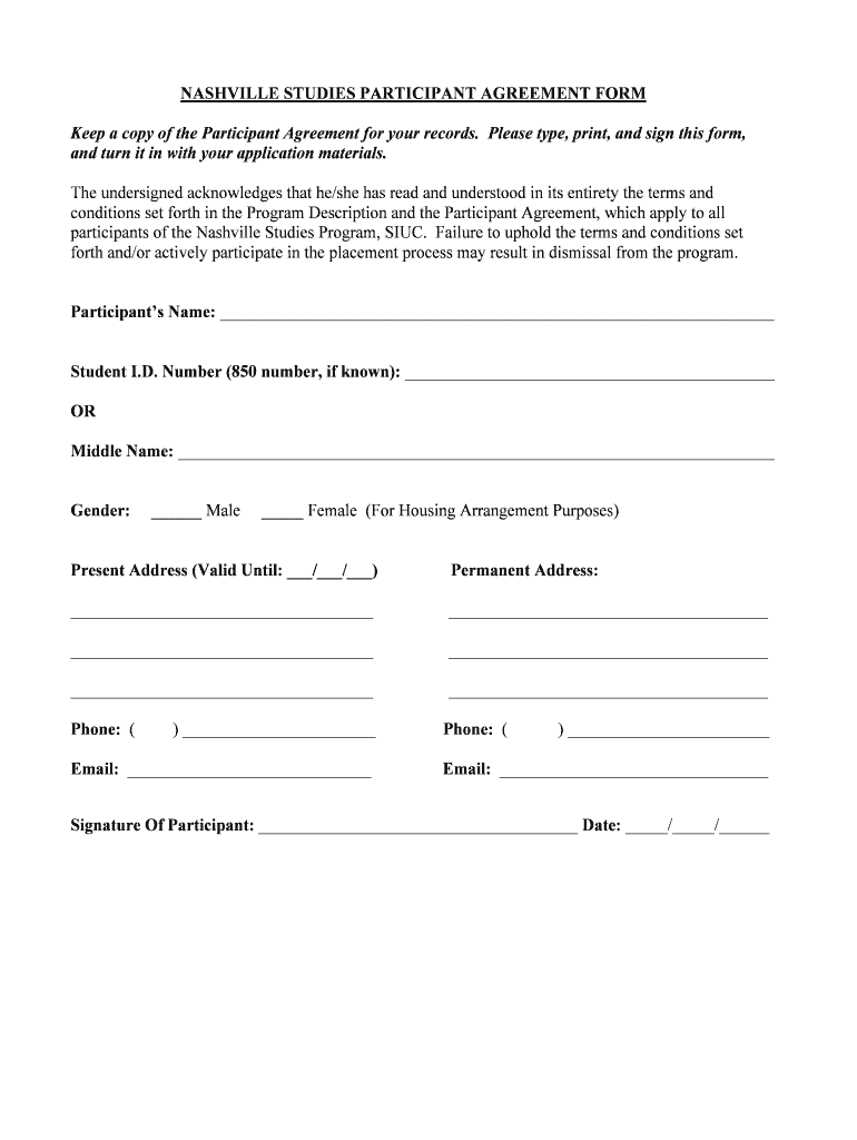 Fillable Online NASHVILLE STUDIES PARTICIPANT AGREEMENT FORM Fax Email