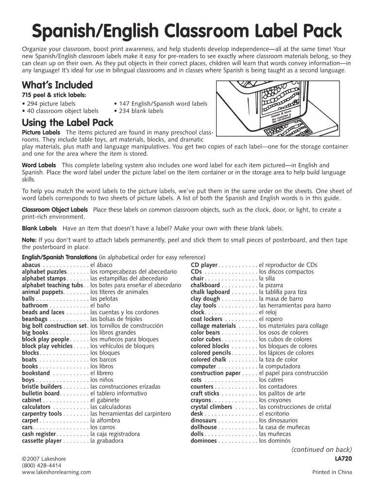 Fillable Online Spanish/English Classroom Label Pack Fax Email Print pdfFiller