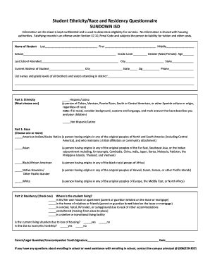Student Ethnicity Race and Residency Questionnaire