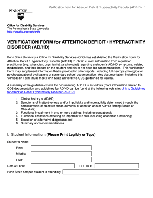 Verification Form for Attention Deficit/Hyperactivity Disorder (AD/HD)