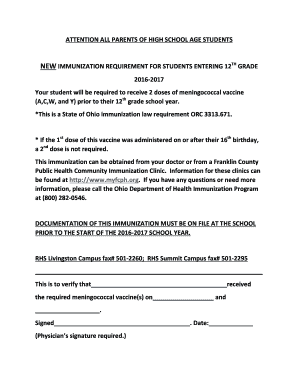 Ohio 12th Grade Meningococcal Vaccine Requirement Notice