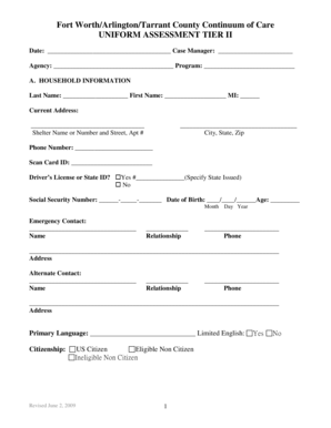 Fort Worth Homeless Assessment Form