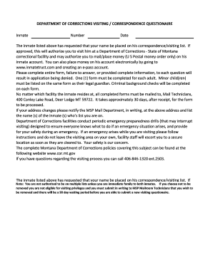 Montana Department of Corrections Visiting/Correspondence Questionnaire