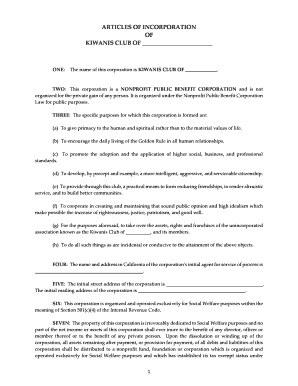 Articles of Incorporation for Kiwanis Club