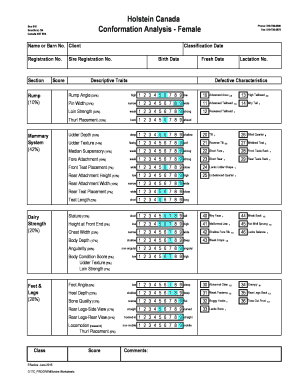 Holstein Canada Conformation Analysis Form