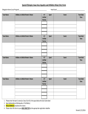 Special Olympics Iowa Area Aquatics and Athletics Relay Entry Form