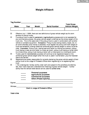 Vehicle Weight Affidavit