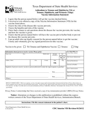 Texas Td/Tdap Vaccine Consent Form