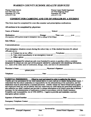 Consent for Carrying and Use of Inhaler by a Student