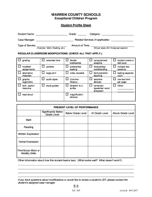 Student Profile Sheet for Exceptional Children Program