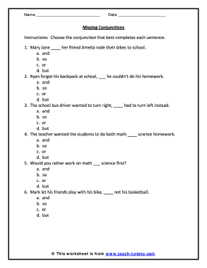 Missing Conjunctions Worksheet